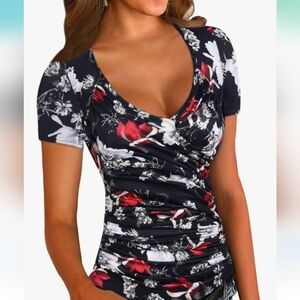 Floral Black and Red Women's Top